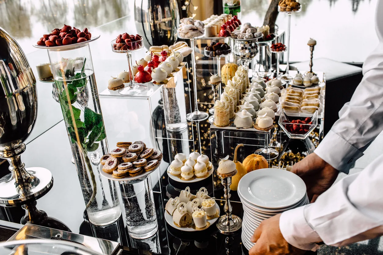 Delicious wedding reception candy bar dessert table. Restaurant purchasing